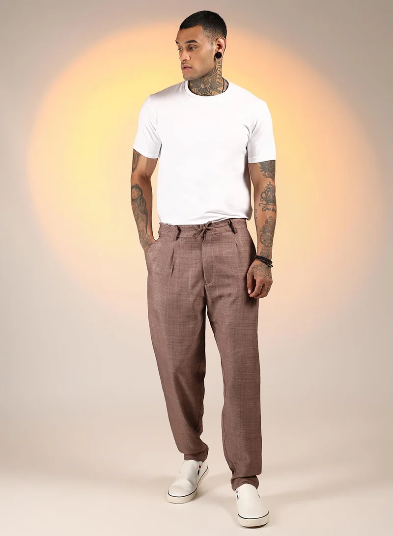 CAHOOT  Men's Ash Brown Solid Pleated Trousers For Casual Wear | Mid-Rise | Regular Fit | Drawstring Closure | Trousers Crafted With Comfort Fit For Everyday Wear for Men | Best Price UAE